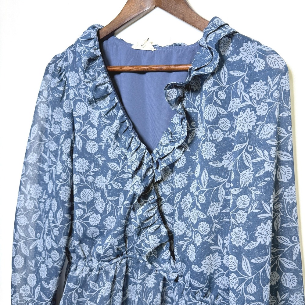Promesa Blue Floral Ruffle V-Neck Peplum Blouse Long Sleeve YTC1127C Large
